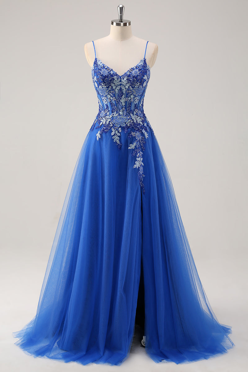 Load image into Gallery viewer, Royal Blue Floral Spaghetti Straps Long Formal Dress with Appliques