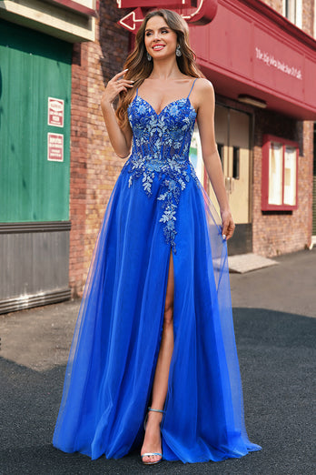 Sparkly Royal Blue Floral A Line Long Formal Dress with Appliques