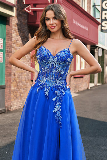 Sparkly Royal Blue Floral A Line Long Formal Dress with Appliques