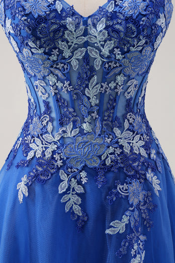 Royal Blue Floral Spaghetti Straps Long Formal Dress with Appliques