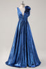 Load image into Gallery viewer, Royal Blue Metallic V-Neck Long Formal Dress with Flowers