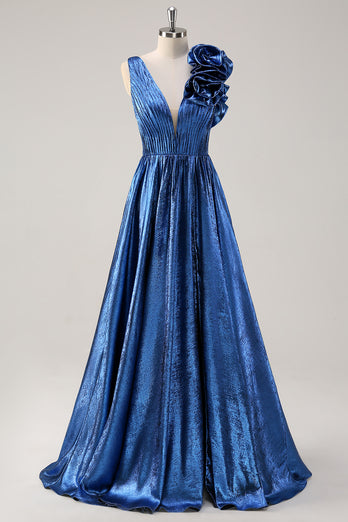 Royal Blue Metallic V-Neck Long Formal Dress with Flowers