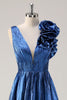 Load image into Gallery viewer, Royal Blue Metallic V-Neck Long Formal Dress with Flowers