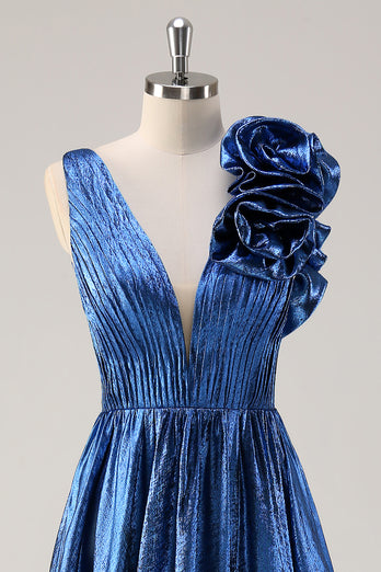 Royal Blue Metallic V-Neck Long Formal Dress with Flowers