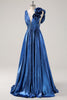 Load image into Gallery viewer, Royal Blue Metallic V-Neck Long Formal Dress with Flowers