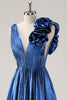 Load image into Gallery viewer, Royal Blue Metallic V-Neck Long Formal Dress with Flowers