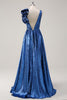 Load image into Gallery viewer, Royal Blue Metallic V-Neck Long Formal Dress with Flowers