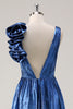 Load image into Gallery viewer, Royal Blue Metallic V-Neck Long Formal Dress with Flowers