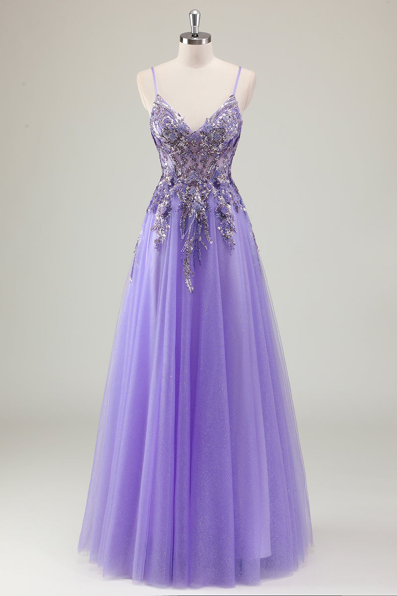 Load image into Gallery viewer, Sparkly Purple A-Line Backless Long Formal Dress with Appliques