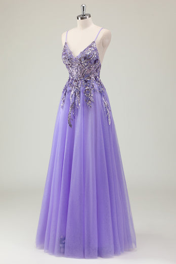 Sparkly Purple A-Line Backless Long Formal Dress with Appliques