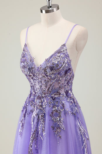 Sparkly Purple A-Line Backless Long Formal Dress with Appliques