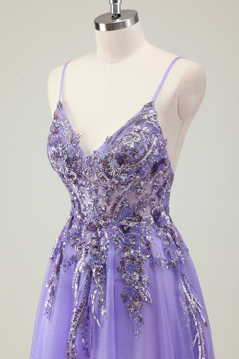 Load image into Gallery viewer, Sparkly Purple A-Line Backless Long Formal Dress with Appliques