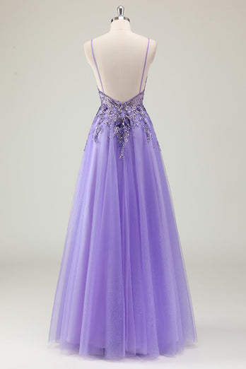 Sparkly Purple A-Line Backless Long Formal Dress with Appliques