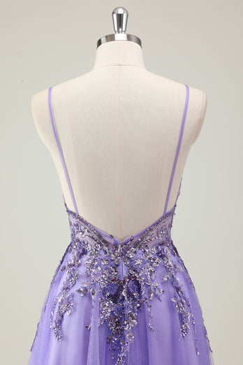 Sparkly Purple A-Line Backless Long Formal Dress with Appliques