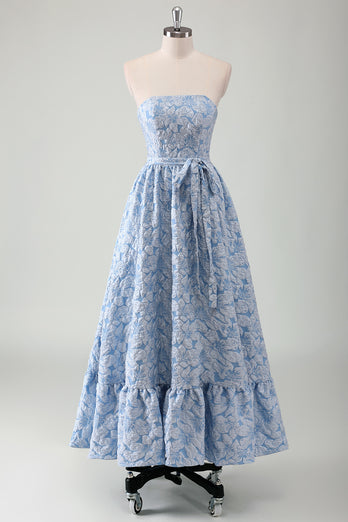 Blue Floral Strapless A-Line Bowknot Long Formal Dress with Embroidery