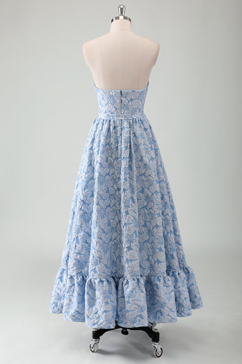 Blue Floral Strapless A-Line Bowknot Long Formal Dress with Embroidery