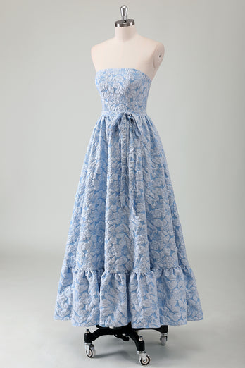 Blue Floral Strapless A-Line Bowknot Long Formal Dress with Embroidery