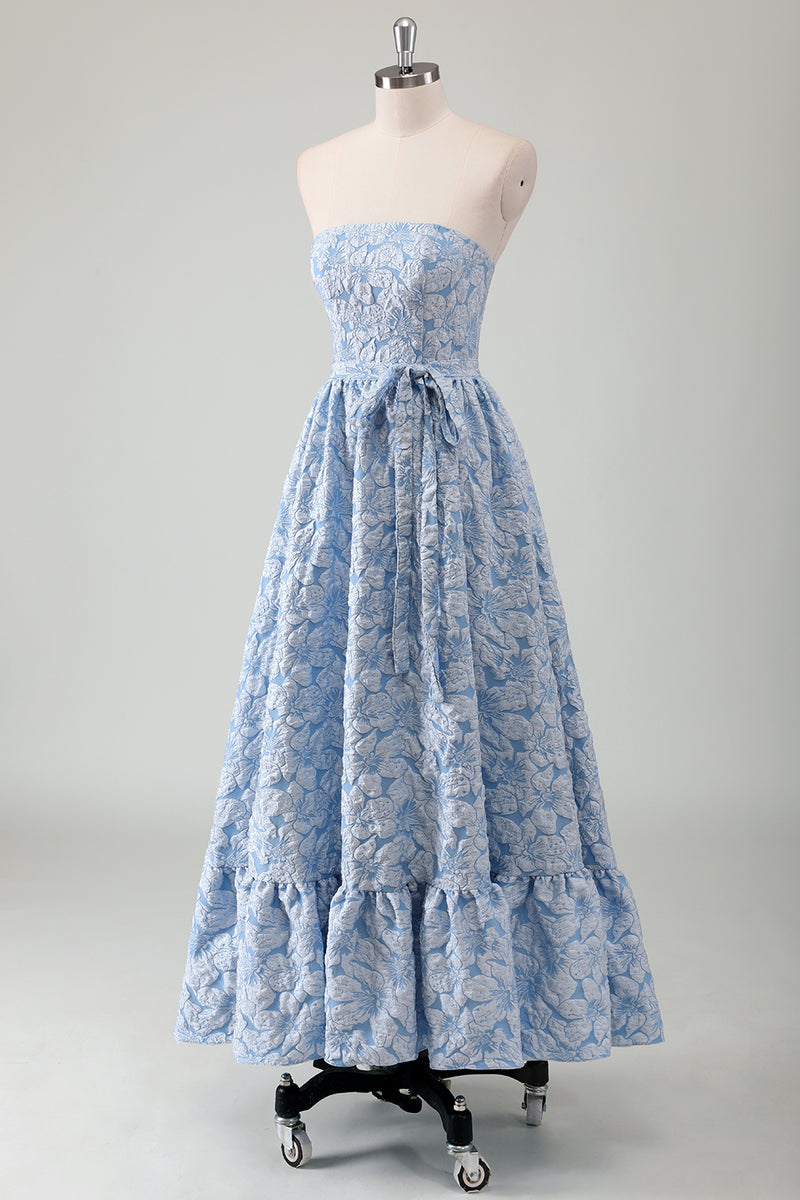 Load image into Gallery viewer, Blue Floral Strapless A-Line Bowknot Long Formal Dress with Embroidery