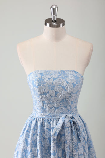 Blue Floral Strapless A-Line Bowknot Long Formal Dress with Embroidery