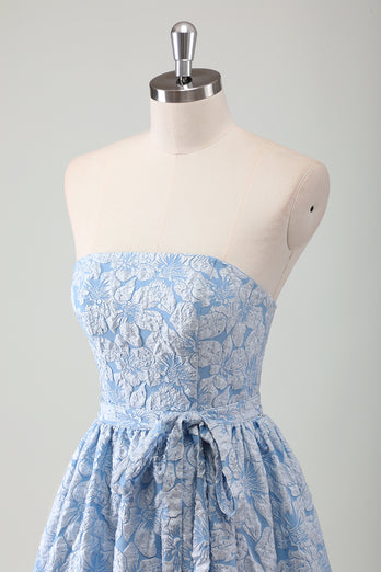 Blue Floral Strapless A-Line Bowknot Long Formal Dress with Embroidery