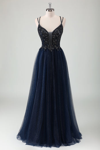 Sparkly Navy A-Line Appliqued Long Tulle Formal Dress