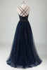 Load image into Gallery viewer, Sparkly Navy A-Line Appliqued Long Tulle Formal Dress