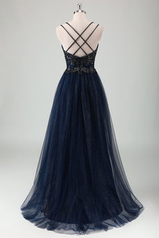 Sparkly Navy A-Line Appliqued Long Tulle Formal Dress