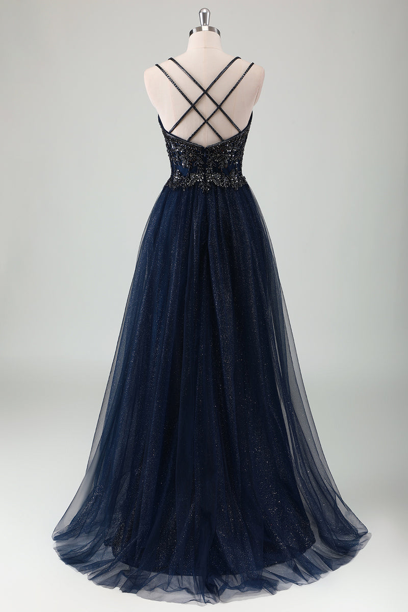 Load image into Gallery viewer, Sparkly Navy A-Line Appliqued Long Tulle Formal Dress