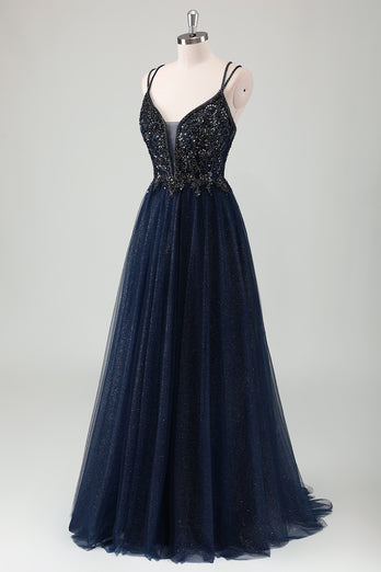 Sparkly Navy A-Line Appliqued Long Tulle Formal Dress