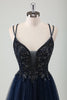 Load image into Gallery viewer, Sparkly Navy A-Line Appliqued Long Tulle Formal Dress