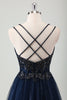 Load image into Gallery viewer, Sparkly Navy A-Line Appliqued Long Tulle Formal Dress