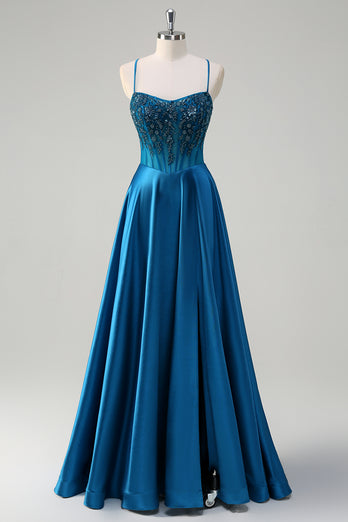 Sparkly Blue A-Line Corset Long Formal Dress with Appliques