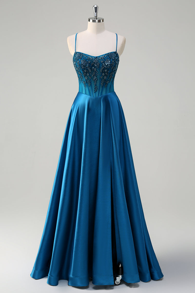 Load image into Gallery viewer, Sparkly Blue A-Line Corset Long Formal Dress with Appliques