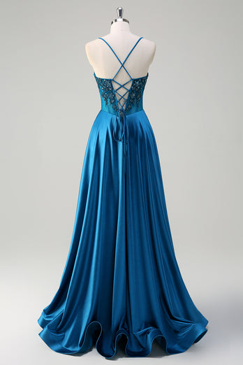 Sparkly Blue A-Line Corset Long Formal Dress with Appliques