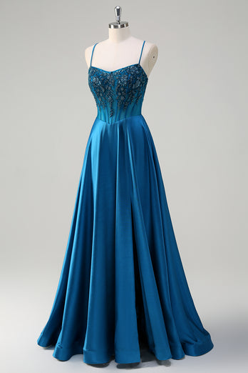 Sparkly Blue A-Line Corset Long Formal Dress with Appliques