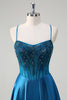 Load image into Gallery viewer, Sparkly Blue A-Line Corset Long Formal Dress with Appliques