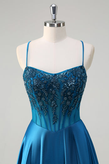 Sparkly Blue A-Line Corset Long Formal Dress with Appliques