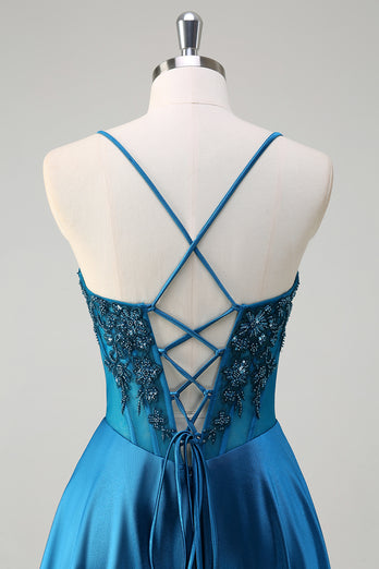 Sparkly Blue A-Line Corset Long Formal Dress with Appliques