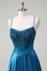 Load image into Gallery viewer, Sparkly Blue A-Line Corset Long Formal Dress with Appliques