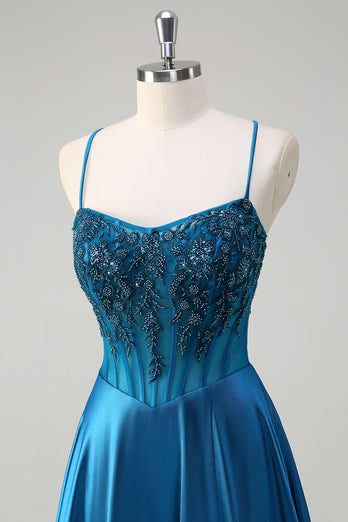 Sparkly Blue A-Line Corset Long Formal Dress with Appliques