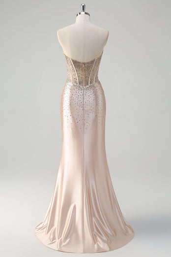 Sparkly Champagne Corset Beaded Long Formal Dress with Slit