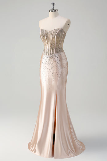 Sparkly Champagne Corset Beaded Long Formal Dress with Slit