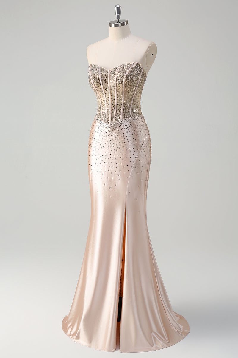 Load image into Gallery viewer, Sparkly Champagne Corset Beaded Long Formal Dress with Slit