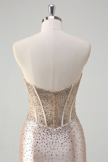 Sparkly Champagne Corset Beaded Long Formal Dress with Slit