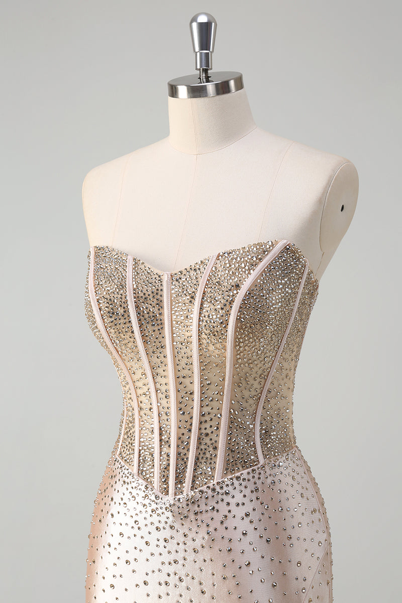 Load image into Gallery viewer, Sparkly Champagne Corset Beaded Long Formal Dress with Slit