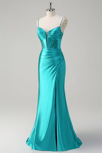 Sparkly Peacock Corset Long Formal Dress with Beading