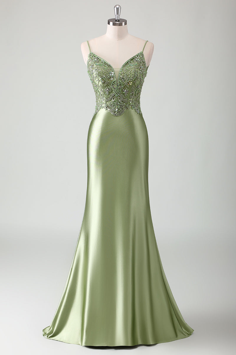 Load image into Gallery viewer, Sparkly Sage Mermaid Spaghetti Straps Long Formal Dress with Appliques