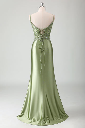 Sparkly Sage Mermaid Spaghetti Straps Long Formal Dress with Appliques