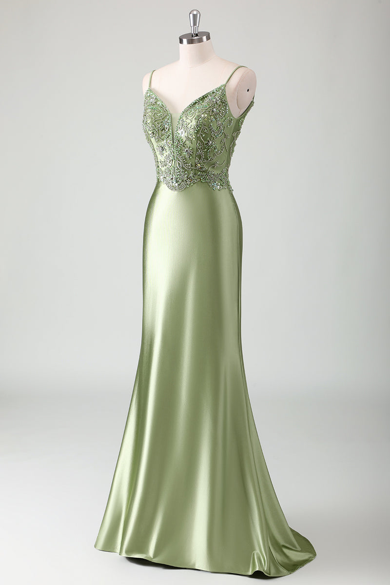 Load image into Gallery viewer, Sparkly Sage Mermaid Spaghetti Straps Long Formal Dress with Appliques