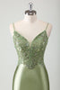 Load image into Gallery viewer, Sparkly Sage Mermaid Spaghetti Straps Long Formal Dress with Appliques